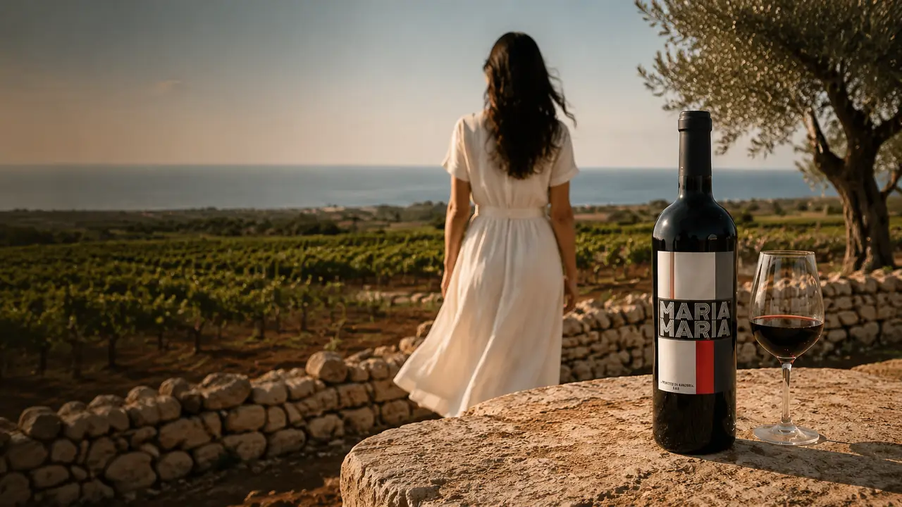 Maria-Maria-Flasche und ein Glas Rotwein auf einer Steinmauer zwischen Reben und Meer, dahinter eine Frau im weißen Kleid mit Blick auf die Küste