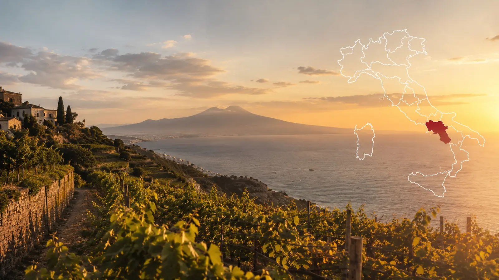Weinberge an der kampanischen Küste mit Vesuv