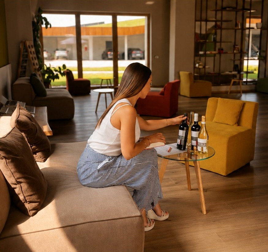 Maria wählt in der Cantina drei Flaschen Maria Maria am Glastisch aus