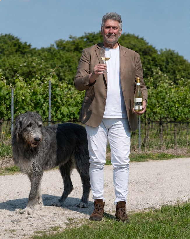Daniele Malavasi mit einem Glas Lugana und seinem Hund zwischen den Rebzeilen seines Weinbergs in Pozzolengo