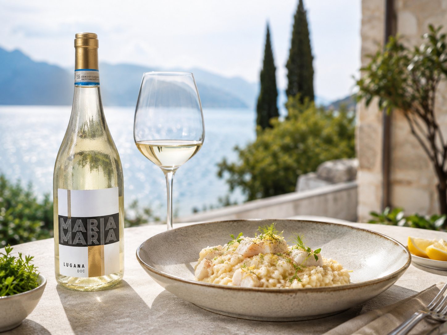 Cremiges Risotto mit Gardasee-Fisch, Zitrone und Kräutern neben einem Glas Lugana